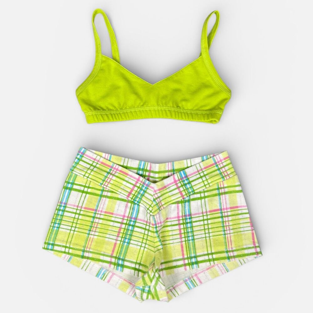 LyDev Dancewear Plaid Shorts & Lime Green Top – Child S,M